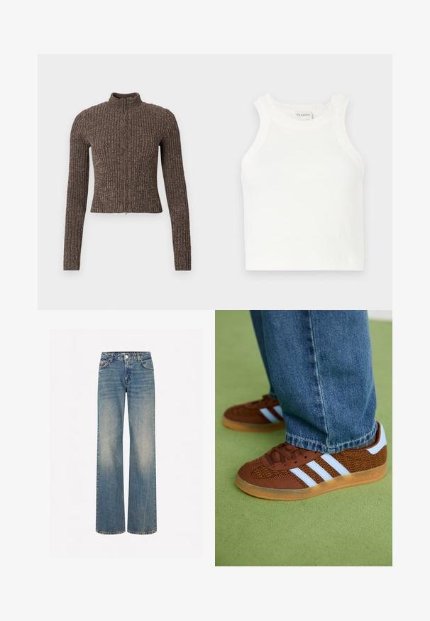 Maglione marrone a costine con zip, collo alto, maniche lunghe e design aderente. Realizzato in tessuto a maglia strutturato.; Canottiera bianca a coste con spalline larghe e silhouette aderente. Presenta un piccolo logo in rilievo vicino all'orlo.; Jeans a gamba larga in denim blu chiaro con una texture sbiadita, cinque tasche, chiusura con bottoni e cuciture a contrasto lungo le cuciture.; Sneakers Adidas marroni con strisce bianche e suole in gomma indossati con jeans blu su un tappeto verde.