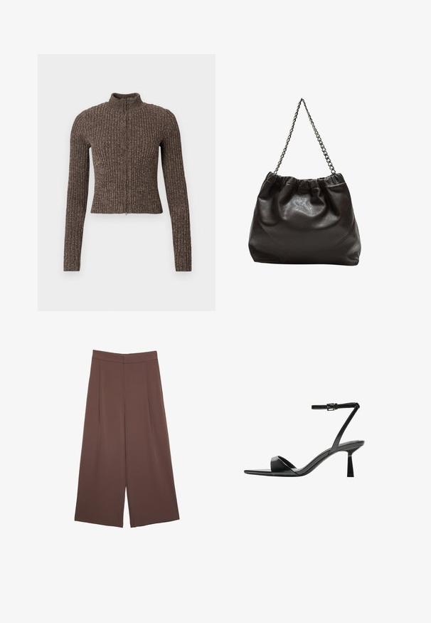 Hnědý žebrovaný svetr na zip s vysokým límcem, dlouhými rukávy a přiléhavým střihem. Vyrobený z texturované pleteniny.; Hnědé tričko s krátkým rukávem vyrobené z měkké látky, s kulatým výstřihem a volným střihem. Bez viditelných vzorů nebo dekorací.; Hnědé široké kalhoty s hladkou texturou, vysokým pasem a předními záhyby. Materiál je lehký a volně splývá.; Bershka Sandály na vysokém podpatku - black; Hnědá kožená taška se sbíraným vrškem a řetízkovým popruhem. Hladký povrch s lesklým finišem a jemným švem na bocích.