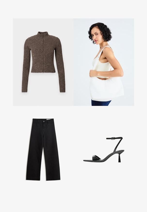Brun ribbad zip-up-tröja med hög krage, långa ärmar och figursydd design. Tillverkad av texturerat stickat tyg.; Svart t-shirt med kort ärm, tillverkad av mjukt tyg. Har en klassisk rund halsringning och en avslappnad passform. Inga mönster eller detaljer synliga.; Svarta vida denimbyxor med hög midja, med fram- och bakfickor, sydda sömmar och knappstängning. Slät textur.; Bershka Sandaletter - black; Vit axelväska i slätt material, med ett ovalt utskärning och bred bärremdesign. Enkel och modern utan synlig hårdvara.