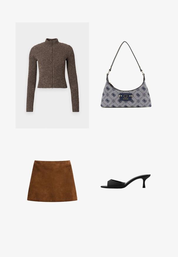 Maglione marrone a costine con zip, collo alto, maniche lunghe e design aderente. Realizzato in tessuto a maglia strutturato.; Top senza spalline con treccia in oro, caratterizzato da una superficie texturizzata e paillettata e legature in vita per una vestibilità regolabile. Silhouette liscia e aderente.; Gonna mini in suede marrone con una texture liscia, forma a sirena e orlo pulito. Nessun hardware visibile o motivi. Design semplice ed elegante.; Mule nere con tacco alto, dotate di una punta larga e aperta e di una parte superiore curva. Realizzate in tessuto texture, presentano un tacco sottile e una suola liscia.; Borsa a tracolla in stile hobo in tessuto blu navy con un motivo a diamante, dotata di una placca con logo e di una tracolla liscia. Superficie texturizzata.