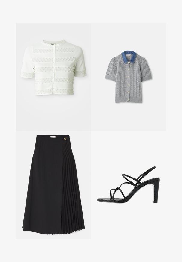 Hvid kortærmet cardigan med perleknaplukninger og horisontale meshstriber prydet med små perler over fronten og ærmerne.; Grå strikket kortærmet cardigan med et kabelmønster, som har en denimkrave og fem guldknapper foran.; Sort midikjole med plisseret design på den ene side, lavet af letvægtsstof med usynlig lynlås og sidelommer.; Sorte hælede sandaler med tynde stropper, en tekstureret overflade, åben tå og et slankt, spidst hældesign. Har en glat indersål og en skinnende overflade.