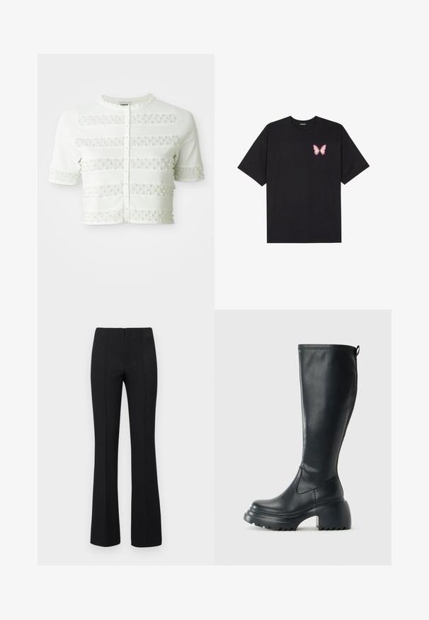 Bijela kratka kardigan s kratkim rukavima, s kopčanjem od bisernih dugmadi i horizontalnim mrežastim trakama ukrašenim malim biserima na prednjem dijelu i rukavima.; Crna pamučna majica s kratkim rukavima, s malim grafičkim prikazom ružičaste vjetricaste s desne strane na prsima. Dizajn s okruglim izrezom i opuštenim krojem.; Crne široke hlače s rebrastom teksturom i prilagođenim strukom. Dizajn sadrži vertikalne šavove za izgled koji se lijepo oblikuje. Nema vidljivih dijelova od hardvera.; Visoke crne kožne čizme s debelim platformskim đonom i blok petom, s patentom za povlačenje i teksturiranim uzorkom na potplatu.