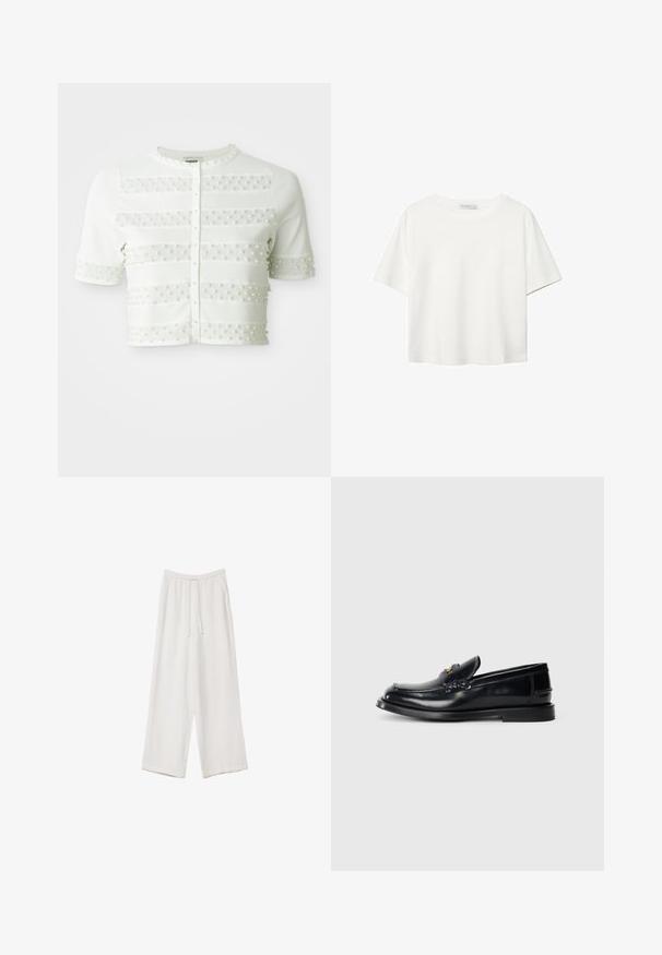 Bela kratka kardigan s kratkimi rokavi z zapiranjem na biserne gumbe in vodoravnimi mrežastimi črtami, okrašenimi z majhnimi biseri po sprednji strani in rokavih.; Bela kratka majica s kratkimi rokavi iz bombaža. Ima okroglo izrezovanje in sproščen kroj. Gladka tekstura brez vidnih vzorcev ali poudarkov.; Bele široke hlače iz lahkega materiala. Imajo elastičen pas s vrvico in stranske žepe. Gladka tekstura.; Črne usnjene loafer čevlje z izvišeno zasnovo, majhno sprednjo loputo in ravnim gumijastim podplatom. Gladka tekstura z zlatim kovinskim poudarkom.