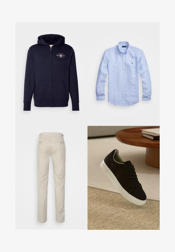 Navy zip-up hoodie made of cotton blend fabric, featuring a front logo, kangaroo pockets, ribbed cuffs, and a drawstring hood.; Blue and white striped long-sleeve shirt made of cotton, featuring a button-down collar, front buttons, and a small embroidered logo on the chest.; Beige trousers with a smooth texture, straight cut, two back pockets with buttons, and a standard waistband.; Black sneaker with white sole floating above beige textured rug near round wooden table with stacked books.