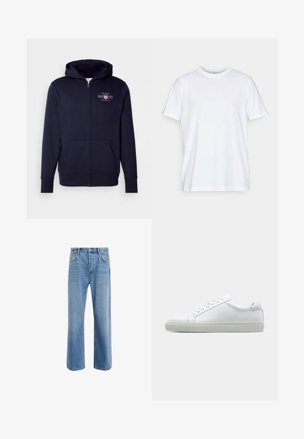 Tumesinine ketsiga kapuutsiga sviiter, mis on valmistatud puuvillasegusest kangast, esiküljel logo, kaeluses suletavad taskud, soonikud ja reguleeritav kapuuts.; Valge puuvillane T-särk lühikeste varrukatega, ümmarguse kaelusega ja mugava lõikega. Omab minimalistlikku disaini, ilma mustrite või aktsentideta.; Heledad sinine teksapüksid otse lõikega, viie taskuga, nupuga sulgemine, minimaalne kulumine ja kontrastsed õmbluse detailid.; Valge tennisetoss, millel on sile nahk pealis ja madal profiil. Omab ümarat ninaosa, kuut silmust ja tekstuuriga kummist talda.