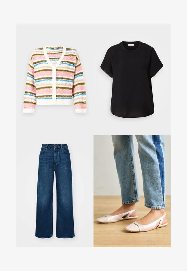 Megzta kardiganas su V formos iškirpte, dekoruotas horizontaliomis raudonomis, mėlynomis, kreminėmis ir ruda juostelėmis. Su mygtukų uždarymu ir raštuotais rankogaliais.; Juodas trumpas rankovėmis marškinėliai su apvaliu kaklu. Pagaminti iš lengvos medžiagos, turi laisvą siluetą ir tiesią apatinę dalį.; Aukšto liemens, platėjantys džinsai tamsiai mėlynos džinsinės medžiagos su lygia tekstūra, kontrastingomis siūlėmis ir penkių kišenių dizainu. Priekinis mygtukų užsegimas.; Šviesiai rožiniai slingback baleto bateliai su smailiu pirštu, pagaminti iš lygios odai panašios medžiagos. Yra išpjovimų detalės šonuose ir plokščias kulnas.