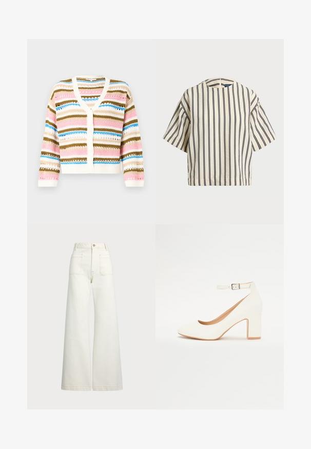 Cardigã de malha com decote em V, apresentando riscas horizontais em rosa, azul, creme e castanho. Fecho com botões e punhos canelados.; Top de manga curta, riscado em creme e azul marinho, com decote redondo e design boxy em tecido texturizado.; Jeans de perna larga em denim off-white. Design de cintura alta com fecho de botão, dois bolsos frontais e detalhes de costura em contraste.; Sandalha branca de salto alto com ponta afiada, salto bloco e tira no tornozelo. Acabamento suave com um brilho subtil e forro bege.