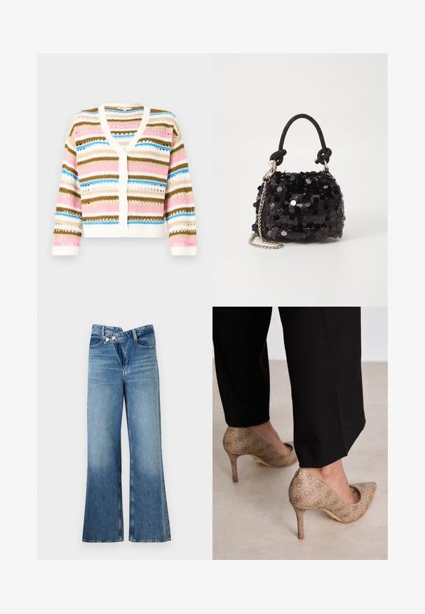Pletene kardigan s V-izrezom, ki ima vodoravne črte v rožnati, modri, kremni in rjavi barvi. Zapiranje na gumb in rebrasti robovi.; Bela dolgimi rokavi body s krožnim izrezom. Na sprednji strani je natisnjen logotip "GUESS" in "EST.1981" v črni barvi. Gladka tekstura.; Svijetloplave traperice s flared krojem i visokim strukom, koje se zatvaraju s dva gumba i imaju prednje džepove. Tkanina ima izblijedjeli izgled s suptilnim varijacijama.; Bež čevlji na visokem petem z teksturirano tkanino, ki ima ponavljajoč vzorec. Oblika z ostrim nosom z zadaj poudarjenim delom in zlatim podplatom.; Črna mini torbica s palčkami iz bleščic, z vozlanim teksturiranim trakom in srebrnima verigama. Okrogla oblika z nabranim vrhom in odsevnimi detajli.