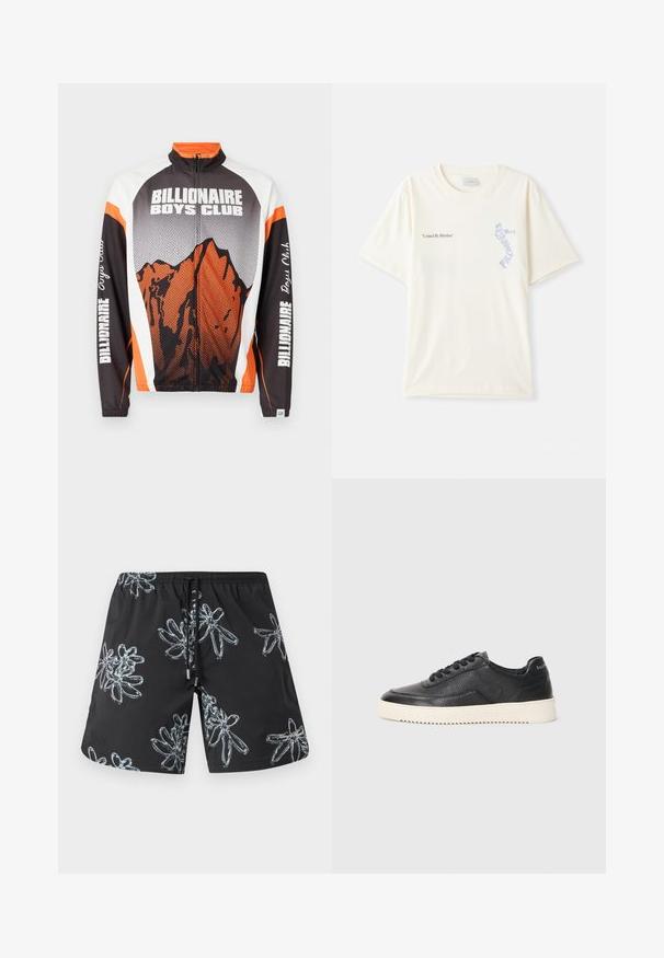 Kummikuga jakk kõrge kaelusega, millel on oranž ja must mägigraafika, valged õlad ja "Billionaire Boys Club" tekst varrukatel.; Valge puuvillane t-särk lühikeste varrukatega, millel on rinnal musta ja sinise graafikaga tekst "United By Rhythm". Ümmargune kaelus.; Mustad musta värvi ujumispüksid, millel on heledates hallides toonides läikiv lillemuster. Elastne vöökoht koos nööriga ja logo detail paremal all nurgas.; Must be a black leather sneaks, millelööb, ümar ninaga ja lame valge kummitald. Omab musti paelu ja brändingut kanna peal.