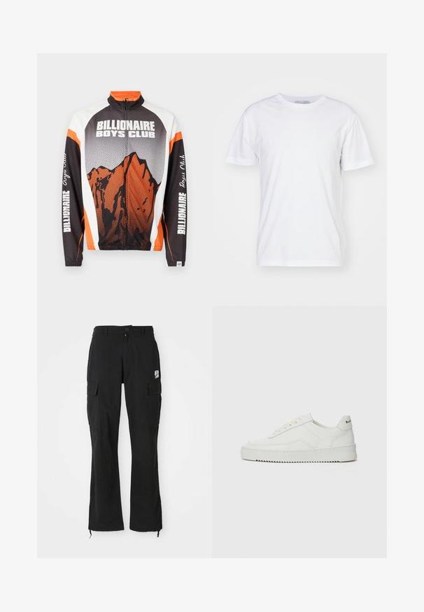 Reißverschlussjacke mit hohem Kragen, mit einem Bergmotiv in Orange und Schwarz, weißen Schultern und dem Text "Billionaire Boys Club" auf den Ärmeln.; Weißes Baumwoll-T-Shirt mit Rundhalsausschnitt, kurzen Ärmeln und geradem Schnitt. Keine Muster oder Verzierungen, glatte Textur und schlichtes Design.; Schwarze Cargo-Hosen mit geradem Bein, Knopfverschluss, seitlichen Klappentaschen und kleinem weißen Logo am rechten Oberschenkel.; Weiße Ledersneaker mit glatter Oberfläche, runder Zehenpartie, flachen Schnürsenkeln und strukturiertem Sohlenprofil. Mit einem dezenten Logo an der Ferse.