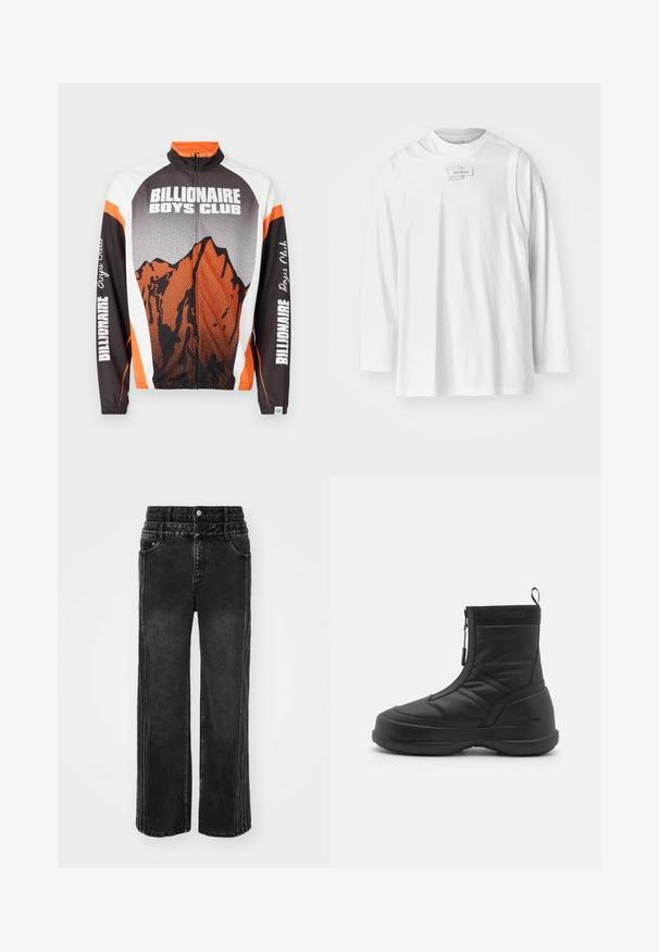 Zip-up jacket with a high collar, featuring a mountain graphic in orange and black, white shoulders, and “Billionaire Boys Club” text on sleeves.; Feng Chen Wang DECONSTRUCTION UNISEX - Long sleeved top - white; Wide-leg black denim jeans with a faded finish, featuring a button closure, five pockets, and contrasting stitching along the sides.; Black waterproof snow boot with a smooth synthetic upper, zip closure, padded collar, and textured rubber sole. Accented with "MOON BOOT" branding.