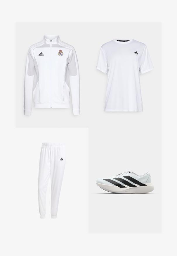 Casaco branco com fecho zíper e detalhes cinzentos, apresentando um logótipo bordado e três riscas pretas nas mangas. Feito de um tecido liso e leve.; Camiseta atlética branca de mangas curtas, feita de tecido que absorve a humidade. Apresenta um logótipo preto no lado esquerdo do peito e um decote interior com padrão.; Calças esportivas brancas feitas de tecido suave, com uma cintura elástica e punhos ajustados, apresentando um logo preto no bolso de trás.; Tênis de corrida leves em azul pálido com riscas pretas. Apresentam um cabedal liso, bico redondo e uma entressola espessa branca rotulada como "LIGHTSTRIKE PRO."