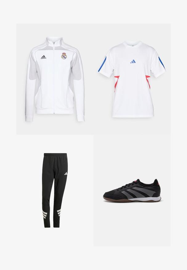 Hvit zip-up jakke med grå detaljer, med et brodert logo og tre svarte striper på ermene. Laget av glatt, lett materiale.; Hvit treningsskjorte laget av lett mesh, med blå aksenter på ermene og røde trekantede design på sidene. Adidas-logoen er synlig.; Sorte treningsbukser med elastisk midje, med reflekterende hvite detaljer i striper på underbena. Laget av et glatt stoff.; Sorte atletiske sko med en teksturert mesh-overdel, grå striper på sidene, gummisåle og røde detaljer på tungen.