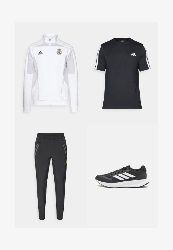 Balts ar rāvējslēdzēju aizdare apģērbs ar pelēkiem akcentiem, ar izšūtu logotipu un trim melnām strīpām uz piedurknēm. Izgatavots no gludas, vieglas auduma.; Melna kokvilnas T-kreklā ar īsām piedurknēm, uz kurām ir baltas svītras plecu daļā un balts logos kreisajā krūtīs.; adidas Performance REAL MADRID TIRO25 PRO VIS TECH TRAVEL PANT - Klubu apģērbs - black/lucid lemon; Melnas sporta kurpes ar elpojošu acs augšu, baltām akcentiem un mīkstu zoli. Sānā ir trīs svītru logo.