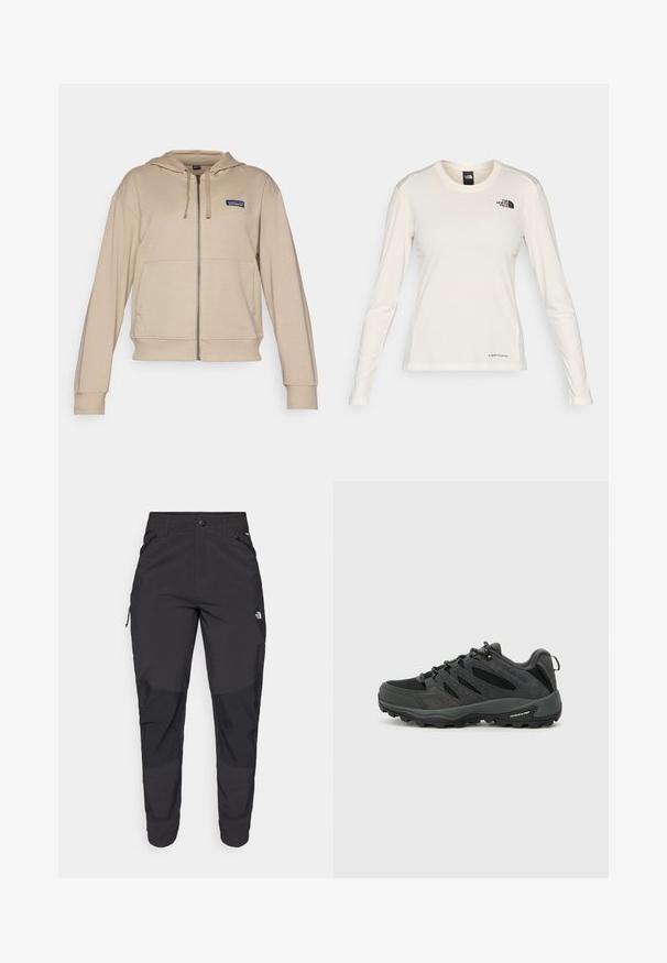 Beige zip-up hoodie with a front pocket, adjustable drawstring hood, and a small logo on the left chest. Soft fabric with ribbed cuffs.; The North Face SHADOW LONG SLEEVE - Long sleeved top - white dune; Black outdoor pants made of durable fabric. Feature zippered pockets, reinforced knee panels, and a straight cut design for mobility.; Columbia REDMOND - Hiking shoes - black/citron haze