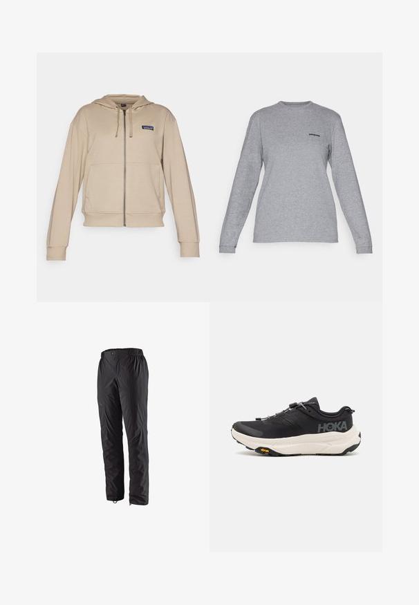 Beige zip-up hette med en lomme foran, justerbar hetteseil og en liten logo på venstre bryst. Mykt stoff med ribbestrikkede mansjetter.; Patagonia LOGO RESPONSIBILI-TEE - Topper langermet - gravel heather; Svarte vanntette bukser med elastisk midje, sidelommer med glidelås, tapered ben og glatt tekstur. Passer for utendørs aktiviteter.; Sorte joggesko med et pustende mesh-overdel, gummisåle, hvit dempemellomsåle og reflekterende lisser. Vibram-logo på sålen.