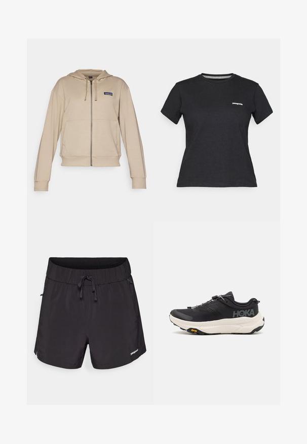 Bež dukserica na patent sa prednjim džepom, podesivim kapuljačom s vezicom i malim logom na lijevoj strani prsiju. Mekana tkanina s rebrastim manžetama.; Crna pamučna majica s okruglim izrezom i kratkim rukavima. Ima bijeli "Patagonia" logo na lijevoj strani prsa.; Crne kupaće hlače od lagane tkanine, s elastičnim pojasom, špagom i bočnim džepovima za funkcionalnost.; Crne atletske cipele s prozračnom mrežicom na gornjem dijelu, gumenim potplatom, bijelim amortizirajućim srednjim dijelom i reflektirajućim vezicama. Vibram logo na potplatu.