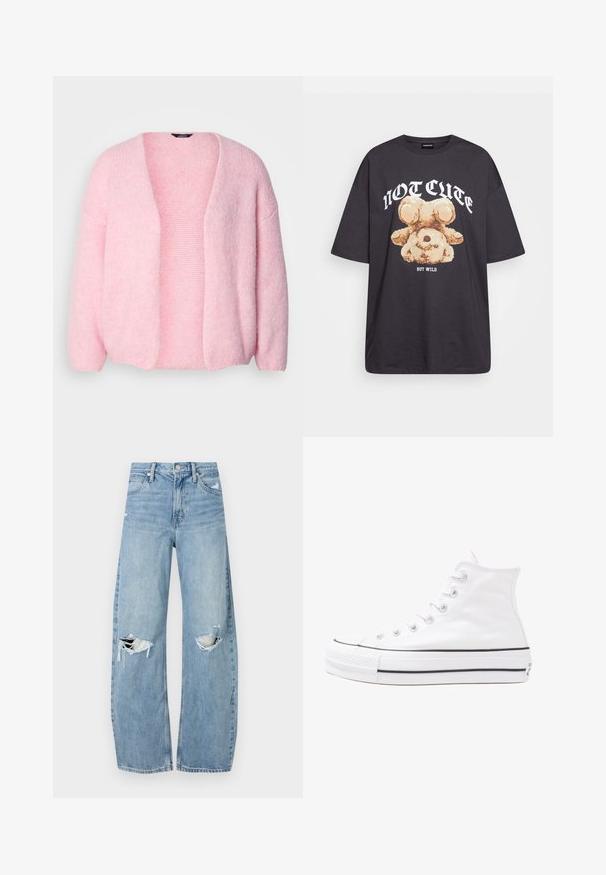 Lindex CARDIGAN VANESSA - Vest - light dusty pink; Zwart oversized t-shirt met een afbeelding van een beer en de tekst "NIET SCHATTIG, MAAR WILD" in grote, witte letters. Gemaakt van katoen.; Lichtblauwe, hooggeritste jeans van denim. Beschikken over wijde pijpen, twee gescheurde knievalken en klassieke vijfzakken styling.; Witte high-top canvas sneakers met een zwarte rubberen zool, een rubberen neuskap aan de voorkant en zes gaatjes voor veters, met een schone, minimalistische uitstraling.