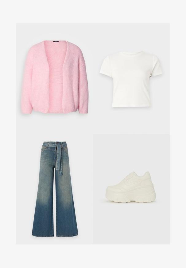 Lindex VANESSA - Cardigan - light dusty pink; Short white t-shirt made of cotton with short sleeves, a round neckline, and a straight hem, featuring a smooth texture and minimal design.; Wide-leg denim trousers featuring a light to dark blue gradient, high waist, belt loops, and a matching fabric belt. Textured denim finish.; White platform sneakers featuring a smooth leather-like upper, rounded shape, padded collar, and textured rubber sole with defined treads.