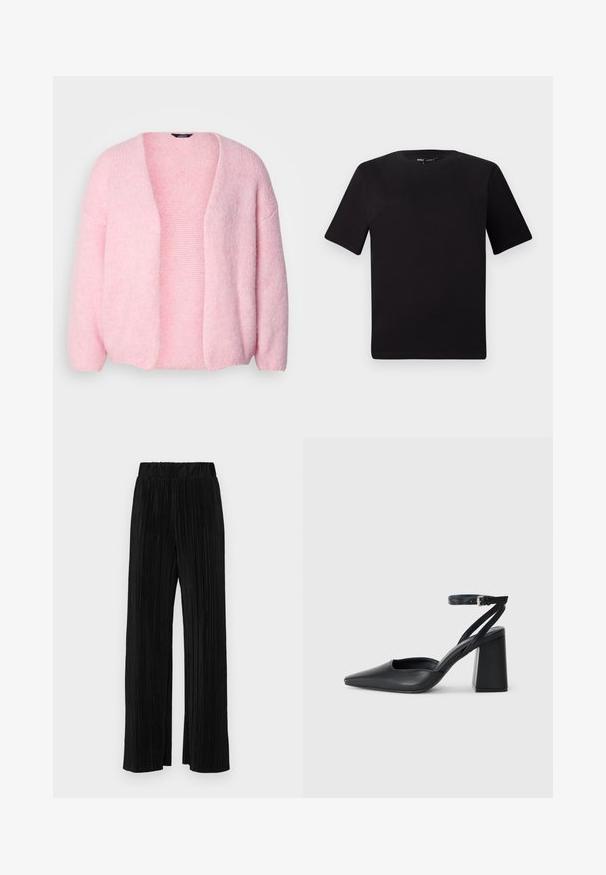 Lindex VANESSA - Cardigan - light dusty pink; Black short-sleeve t-shirt with a round neckline, crafted from soft cotton fabric. Simple design, no visible logos or patterns.; Black pleated trousers with an elastic waistband. Features wide legs and a smooth, textured fabric with vertical stripes.; Black leather pointy-toe pump with an ankle strap and a chunky heel. Flat texture, sleek design, and minimalistic aesthetics.