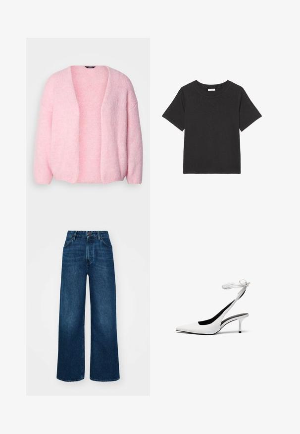 Lindex VANESSA - Strickjacke - light dusty pink; Schwarzes T-Shirt aus weichem Stoff, mit Rundhalsausschnitt und kurzen Ärmeln. Das Design ist schlicht, ohne sichtbare Muster oder Akzente.; Hochtaillierte, weit geschnittene Jeans in dunkelblauem Denim mit glatter Textur, Kontrastnähten und einem Fünf-Taschen-Design. Verschluss mit einem Frontknopf.; Weiße Slingback-Absätze mit spitzer Zehenpartie und dünnem Knöchelriemen. Glattes Leder, dünner Stiletto-Absatz und schwarze Innenauskleidung.