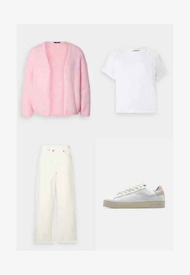 Lindex CARDIGAN VANESSA - Kardigan - light dusty pink; Bílý bavlněný tričko s kulatým výstřihem, krátkými raglánovými rukávy a volným střihem. Hladká texturka bez viditelných vzorů či akcentů.; Rozšířené džíny v krémové barvě vyrobené z denimu, s vysokým pasem, pěti kapsami a neopracovaným lemem pro uvolněný střih.; Bílé kožené tenisky s hladkým povrchem, béžovými semišovými akcenty, kulatou špičkou, plochým šněrováním a texturovanou gumovou podrážkou.