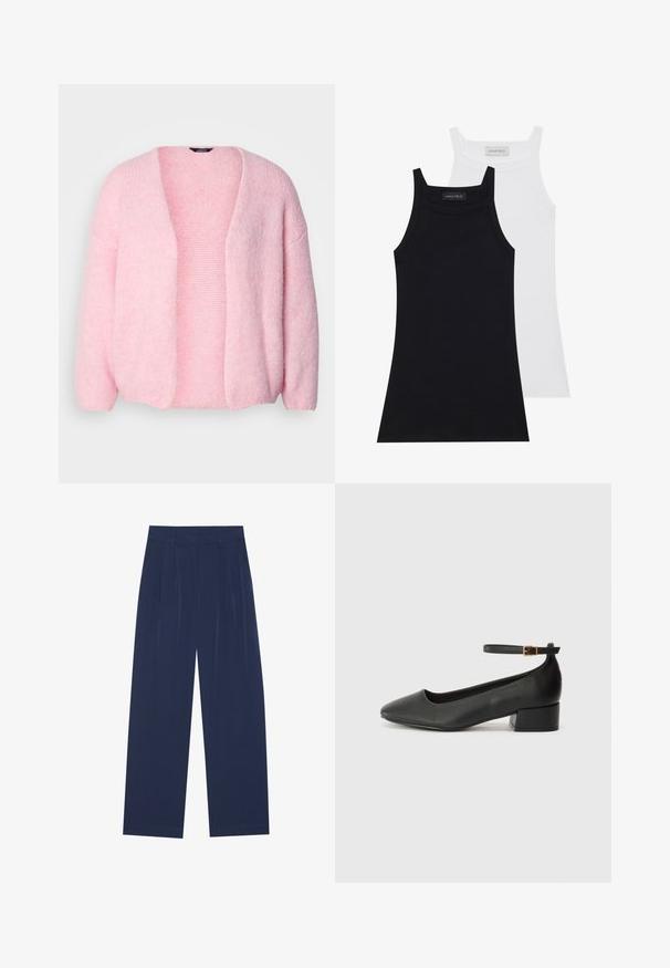 Lindex CARDIGAN VANESSA - Casaco de malha - light dusty pink; Duas blusas sem mangas em preto e branco. Feitas de um tecido macio e elástico com uma textura em costelas e um design justo. Apresentam alças finas.; Calças largas azul-marinho feitas de um tecido suave, com plissados frontais, uma textura lisa e um corte recto sem bolsos visíveis.; Sandal de pele preta com bico pontiagudo e um salto bloco baixo. Apresenta uma tira no tornozelo com uma fivela em tom dourado. Textura suave.