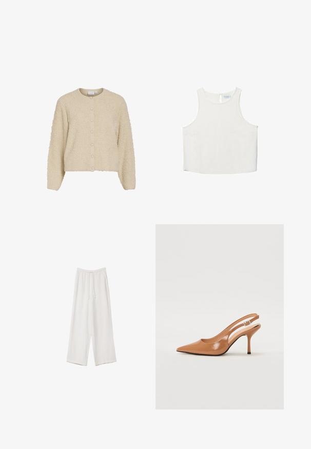Beige texturovaný cardigan s kulatým výstřihem a zapínáním na knoflíky, vyrobený z měkké, plyšové tkaniny s žebrovanými manžetami. Design s krátkým střihem.; Bílý bezrukávový top s kulatým výstřihem, který má jemnou texturu, detaily v oblasti zad ve tvaru klíčové dírky a rovný lem.; Bílé široké kalhoty vyrobené z lehké tkaniny. Mají elastický pas se šňůrkou a boční kapsy. Hladká textura.; Sandy poprsko s úzkým podpatkem v hladkém, lesklém odstínu tan. Obsahuje zakřivený design s výřezem a štíhlý jehlový podpatek. Detail se stříbrnou sponou.