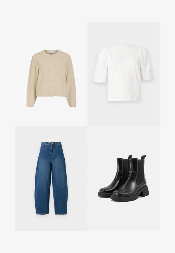 Μπεζ, υφασμένο κάρντιγκαν με στρογγυλή λαιμόκοψη και κλείσιμο με κουμπί, φτιαγμένο από μαλακό, χνουδωτό ύφασμα με ραμπέ μανσέτες. Σχεδίαση σε κοντή μήκος.; Άσπρη βαμβακερή μπλούζα με κοντά φουσκωτά μανίκια, διακοσμημένη με μικρές ασημένιες λεπτομέρειες κατά μήκος των μανικιών. Κλασική στρογγυλή λαιμόκοψη, χαλαρή εφαρμογή.; Τζιν παντελόνι σε μεσαία μπλε απόχρωση, με ψηλή μέση, φαρδιά κοπή ποδιού και τυπικό σχέδιο πέντε τσεπών με εμφανείς ραφές.; Μαύρα δερμάτινα μποτάκια Chelsea με χοντρό τακούνι, ελαστικές πλευρικές επενδύσεις και αντίθετη λευκή ραφή. Υφή με υφιστάμενη αίσθηση.