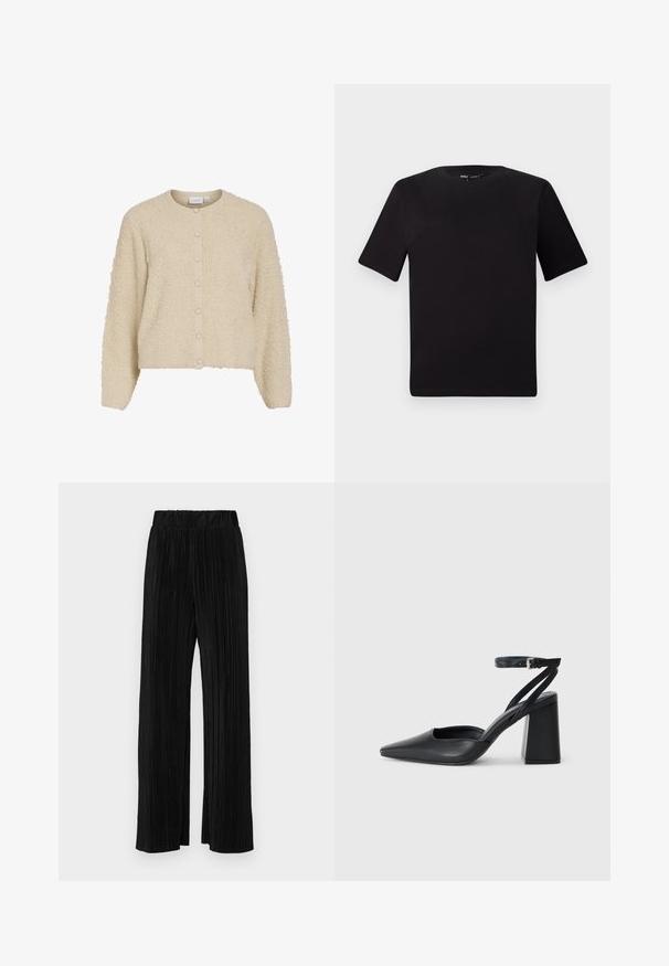 Beež, tekstureeritud kardigan ümarate kaelustega ja nööbiga kinnituses, pehme ja karvane kangas ning soonikud varrukatel. Lühendatud pikkuse disain.; Must olema lühikeste varrukatega must t-särk ümmarguse kaelusega, valmistatud pehmest puuvillast kangast. Lihtne disain, ilma nähtavate logode või mustriteta.; Mustad pleekitud püksid elastse vöökohtaga. Omavad laiad jalad ja sujuvat, tekstureeritud kangast vertikaalsete triipudega.; Mustmustest must-käigukingad, millel on konksuga nöör ja paks konts. Ühtlane tekstuur, stiilne disain ja minimalistlik esteetika.
