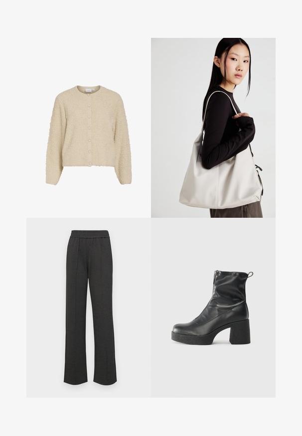 Bežs, faktūrēts kardigans ar apaļu kaklu un pogu aizdari, kuram ir mīksta, pūkaina auduma un ribotām piedurknēm. Sagriezta garuma dizains.; Melnas īsām piedurknēm T-krekls, kas izgatavots no mīkstas kokvilnas. Ievietota apaļa kakla izgriezums un pieguļošs dizains. Gluda tekstūra bez rakstiem vai akcensiem.; Melni taisni bikses ar elastīgu jostu, priekšējiem krokām, mīkstu audumu un bez redzamām rakstu vai aparatūras detaļām.; Melni potītes zābaki, kas izgatavoti no gludas ādas, ar sānu rāvējslēdzēju, masīvu strukturētu papēdi un noapaļotu purngalu.; Bežs rokassoma, izgatavota no mīksta materiāla, ar brīvu dizainu, izšūtu apdari un divām plecu siksnām. Piemērota ikdienas lietošanai.