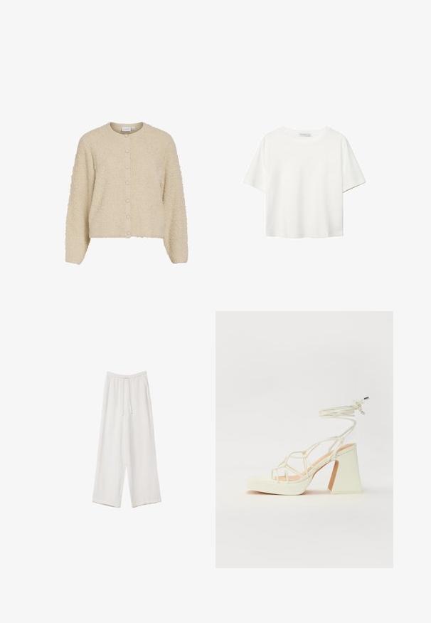 Beżowy, teksturowany kardigan z okrągłym dekoltem i zapięciem na guziki, wykonany z miękkiego, puszystego materiału i z ribbowymi mankietami. Krótkie wykończenie.; Biała koszulka z krótkim rękawem, wykonana z bawełny. Posiada okrągły dekolt i luźny krój. Gładka faktura bez widocznych wzorów czy akcentów.; Białe spodnie o szerokich nogawkach wykonane z lekkiego materiału. Posiadają elastyczny pas z sznurkiem i boczne kieszenie. Gładka tekstura.; Biała sandał na wysokim obcasie z masywnym słupkiem, z paskowym wzorem i wiązaniem przy kostce. Gładka faktura z platformą z przodu dla dodatkowej wysokości.