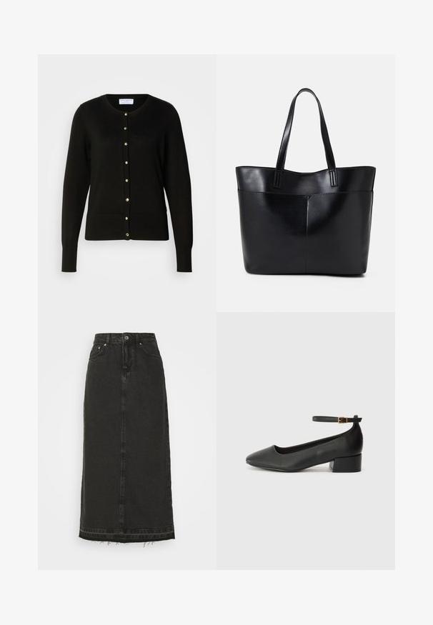 Black cardigan made of knitted fabric, featuring a round neckline, fitted waist, long sleeves, and gold-tone buttons along the front.; Two cotton crop tops in white and black. Each has a deep neckline and thin shoulder straps, featuring a smooth, soft texture.; Black denim midi skirt with a fitted waist, front button closure, and frayed hem. Features classic five-pocket design and slight texture.; Black leather pump with a pointed toe and a low block heel. Features an ankle strap with a gold-tone buckle. Smooth texture.; Black leather tote bag with two long handles, a smooth texture, and a structured shape. Features a front pocket for additional storage.