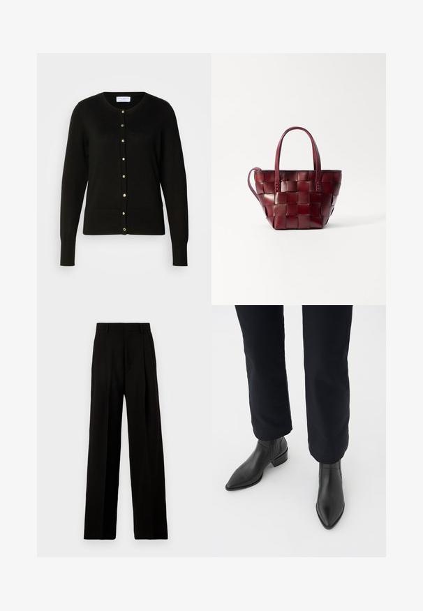 Svart cardigan i stickad tyg, med rund halsringning, figursydd midja, långa ärmar och knappar i guldton längs fram.; Långärmad brun topp av texturerad tyg, med rundad halsringning och en enkel, figurnära silhuett utan synliga detaljer.; Svarta vida byxor i slätt tyg, med hög midja, framfållar och en ren, skräddarsydd design utan utsmyckningar.; Svarta läderankelstövlar med spetsig tå, klack i blockstil och texturerade sidopaneler, bärs med mörka byxor mot en vit bakgrund.; Vävd burgunderfärgad läder tote-väska med två korta handtag och en avtagbar axelrem. Har en strukturerad form och slät textur.