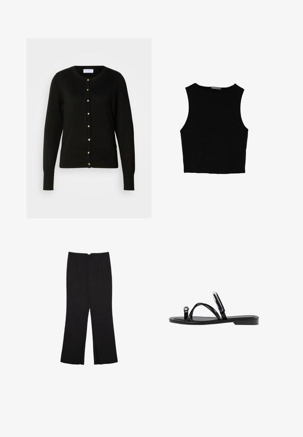 Cardigan nero realizzato in tessuto lavorato a maglia, con scollatura rotonda, vita aderente, maniche lunghe e bottoni color oro lungo la parte anteriore.; Top corto senza maniche nero realizzato in tessuto liscio, con scollatura rotonda e un design pulito e semplice, privo di pattern o accessori.; Pantaloni neri a gamba dritta, con tasche frontali e spacchi laterali all'orlo. Realizzati in tessuto morbido e liscio. Adatti a diverse occasioni.; Infradito neri con una finitura lucida, tre sottili cinturini e un dettaglio hardware circolare sulla punta. Design elegante con un tacco minimale.