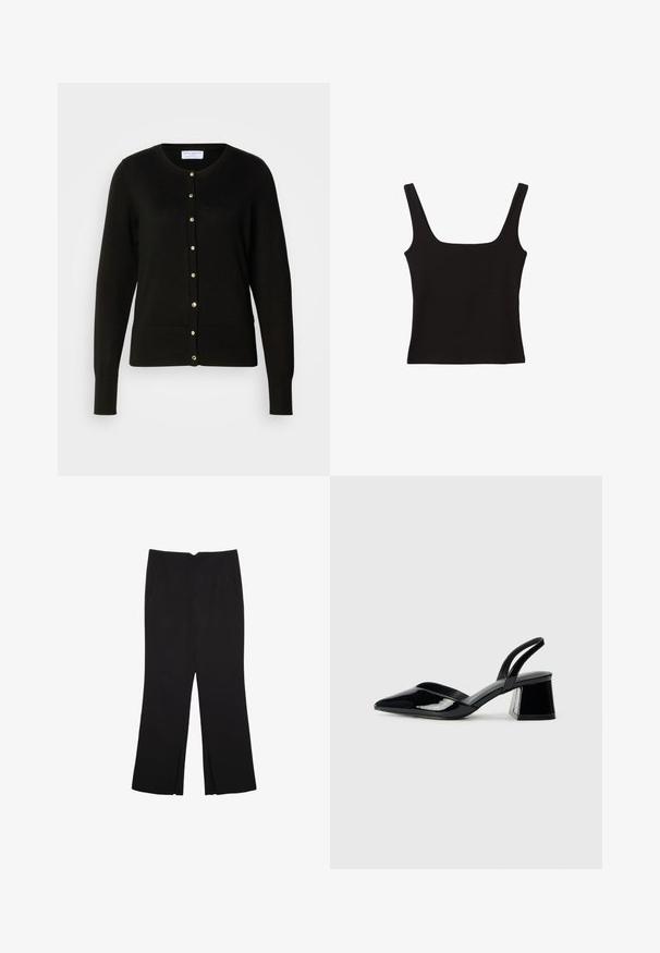 Schwarze Strickjacke aus gestricktem Stoff, mit Rundhalsausschnitt, taillierter Passform, langen Ärmeln und goldfarbenen Knöpfen an der Vorderseite.; Schwarzes Tanktop mit quadratischem Ausschnitt, aus glattem Baumwollstoff, mit breiten Trägern und figurbetontem Schnitt.; Schwarze Hose mit geradem Schnitt, ausgestattet mit Fronttaschen und Seitenschlitzen am Saum. Hergestellt aus weichem, glattem Stoff. Geeignet für verschiedene Anlässe.; Schwarze Lackleder-Slingback-High Heels mit spitzem Schuh und einem geometrischen Blockabsatz. Verfügt über ein schlankes, minimalistisches Design und eine glatte Textur.
