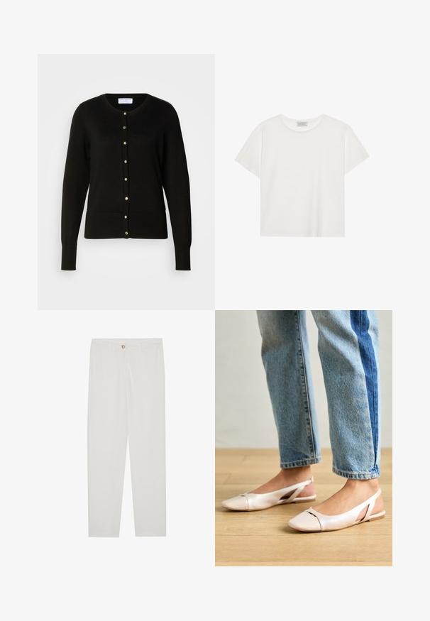 Melnā adīta kardigāna jaka ar apaļo kakla izgriezumu, pieguļošu jostasvietu, garām piedurknēm un zelta nokrāsas pogām priekšpusē.; Balts īsām piedurknēm T-krekls, kas izgatavots no mīksta kokvilnas. Tam ir apaļš izgriezums un brīvs piegriezums. Tīrs dizains bez redzamām rakstiem vai akcentiem.; Baltas, pielāgots bikses ar taisnu kāju dizainu, ar pogu aizdari, jostu cilpām un sānu kabatām; gluda auduma tekstūra.; Bālti rozā siksniņu dzīvokļi ar smailu purngalu, izgatavoti no gludas ādas līdzīgās materiāla. Iezīmē izgriezumu detaļas sānos un platu papēdi.