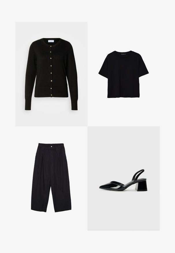 Musta neuletakki, joka on valmistettu neulottu kankaasta, jossa on pyöreä kaula-aukko, istuva vyötärö, pitkät hihat ja kultasävytetyt napit edessä.; Mustat lyhyet hihavat t-paidat, jotka on valmistettu puuvillasta. Ominaisuuksiin kuuluu pyöreä kaula-aukko ja löysä istuvuus sekä sileä, yksinkertainen pinta. Ei näkyviä kuvioita tai koristeita.; Musta polyesterinen culotte-housut, jossa on joustava vyötärö, kaksi etupleettiä ja löysä siluetti. Ei näkyviä kuvioita tai metallisia yksityiskohtia.; Mustat patentoitu nahkakengät, joissa on säären takaosa ja terävä kärki, sekä geometrinen palikkakorko. Sisältää tyylikkään, minimalistisen muotoilun ja sileän pinnan.