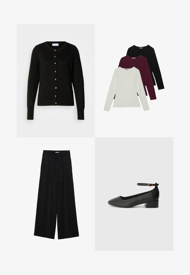 Cardigan nero realizzato in tessuto lavorato a maglia, con scollatura rotonda, vita aderente, maniche lunghe e bottoni color oro lungo la parte anteriore.; T-shirt a maniche lunghe in bianco, bordeaux e nero. Realizzate in tessuto morbido con scollatura rotonda e design aderente. Adatte per essere indossate a strati.; Pantaloni neri a gamba larga caratterizzati da un tessuto testurizzato, una vita elastica e una cintura staccabile per una vestibilità regolabile.; Pump in pelle nera con punta affusolata e tacco basso a blocco. Presenta una cinghia alla caviglia con una fibbia in tonalità oro. Texture liscia.