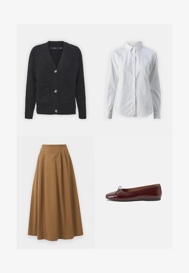 Juodas kardiganas, pagamintas iš minkštos mezginio medžiagos, turintis V formos iškirpimą, raštuotus rankoves, priekinės kišenes ir keturis didelius mygtukus.; Balta marškinėliai su mygtukais, pagaminti iš lygios medvilnės, su klasikiniais apykaklės, ilgomis rankovėmis ir lenktu kraštu. Mygtukai maži ir balti.; Ruda medvilninė A formos sijonas su aukštu liemeniu, puikuojantis klostėmis priekyje ir lygia tekstūra. Apdailos kraštai yra švarūs ir paprasti.; Bordo lakiotos odos baleto bateliai su apvalia nosimi, maža kaspinėlio akcentu priekyje ir žema juoda guma padanga. Lygi tekstūra.