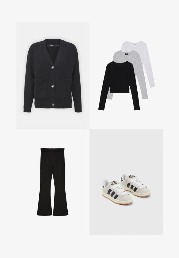 Melnā kardigāna izgatavots no mīksta adījuma auduma, ar V veida kaklu, ribota apakšmalu, priekšējām kabatām un četriem lieliem pogām.; Trīs garām piedurknēm veidotas augšdaļas, sakrautās: melna, pelēka un balta. Katram ir noapaļots kakla izgriezums un īsa dizaina forma ar gludu, vieglu audumu.; Melnas flared leggings, kas izgatavotas no stiepjama auduma. Iezīmējas ar platu jostasvietu un gludu tekstūru, ar pieguļošu siluetu, kas paplašinās pie apakšmalas.; Pelēkas zamšādas kedas ar baltām saites, melnām svītrām un baltu gumijas zoli. Raksturīga apļa logo uz mēles un gumijas zole.