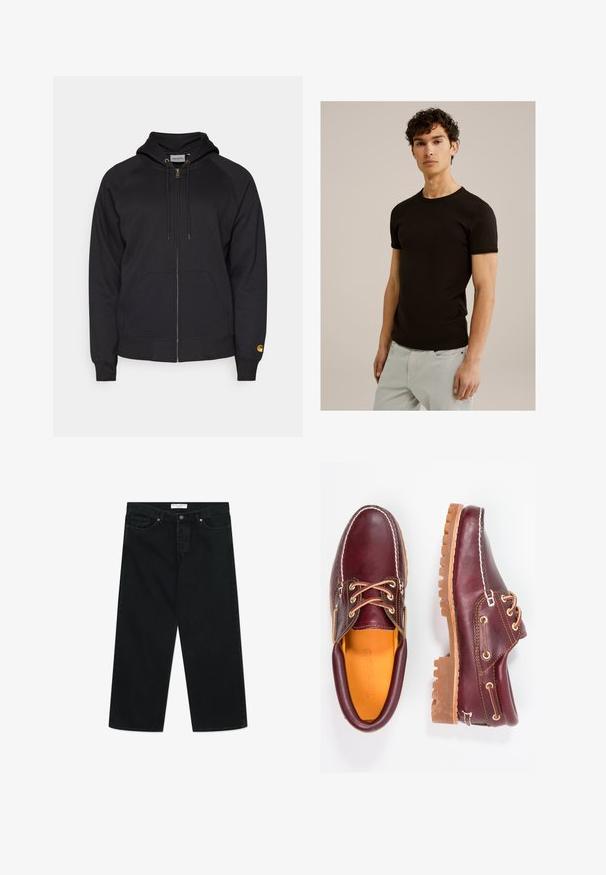 Čierna mikina na zips s kapucňou, prednými vreckami a ribovanými manžetami. Obsahuje zlatý zips a logo na ľavom rukáve. Vyrobené z mäkkej tkaniny.; Čierne tričko s krátkym rukávom a okrúhlym výstrihom, vyrobené z hladkého a elastického materiálu. Strih je priliehavý, navrhnutý tak, aby sa prispôsobil telu.; Čierne široké džínsy z denimovej tkaniny, s predným zapínaním na gombík, pútkami na opasok a vreckami. Hladká textúra, minimalistický design.; Bordové kožené topánky s hnedými gumovými podrážkami, okrúhlou špičkou, bielym prešívaním a zlatými kovaniami. Interiér má žlté podšívku.