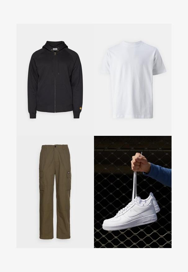 Fekete cipzáras kapucnis pulóver, elülső zsebekkel és bordázott mandzsettákkal. Arany színű cipzárral és logóval a bal ujján. Puha anyagból készült.; Fehér, rövid ujjú pamut póló, kerek nyakkivágással, sima textúrával, egyenes szabással és minta nélkül.; Olajzöld cargo nadrág, tartós anyagból készült. Két oldalsó zsebe van, szabványos derékkal és egyenes fazonnal rendelkezik.; Fehér bőr sportcipők perforációval, kerek orral, lapos talppal és vastag fűzőkkel, látható swoosh logóval és "AIR" felirattal a sarokrészen.