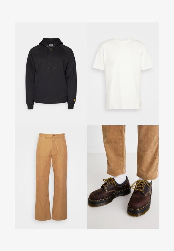 Čierna mikina na zips s kapucňou, prednými vreckami a ribovanými manžetami. Obsahuje zlatý zips a logo na ľavom rukáve. Vyrobené z mäkkej tkaniny.; Biela bavlnená tričko s okrúhlym výstrihom, krátkymi rukávmi a malým čiernym logom "W.W." na ľavej hrudi. Hladká textúra, bežný strih.; Hnedé cargo nohavice vyrobené z odolného materiálu, s bočnými vreckami, kovovými prvkami, rovný strih a bežný pás.; Hnedé kožené topánky so žltým prešívaním, okrúhla špička, hrubá platformová podrážka a kontrastné čierne akcenty. Nosia sa s bielymi ponožkami a kordúrovými nohavicami.