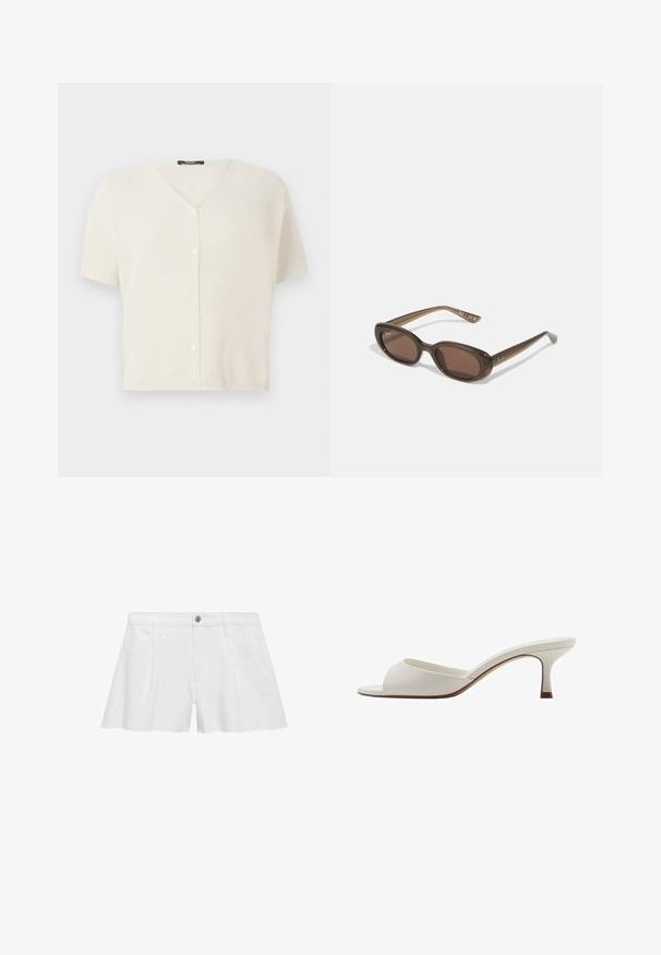 Short-sleeve, button-up cardigan in cream, featuring a V-neck and textured, lightweight knit fabric. Smooth buttons down the front.; White short-sleeve t-shirt made of ribbed cotton fabric. Fitted design with a crew neckline and a smooth texture. No patterns or embellishments.; White cotton shorts with a relaxed fit, featuring front pockets, a button closure, and flat seams for a smooth finish.; White open-toed high-heeled mules with a smooth finish, minimalist design, and a slender heel, featuring a subtle brown accent on the sole.; Brown oval sunglasses with dark lenses. Frame has a transparent brown material and features a logo printed on the temples.