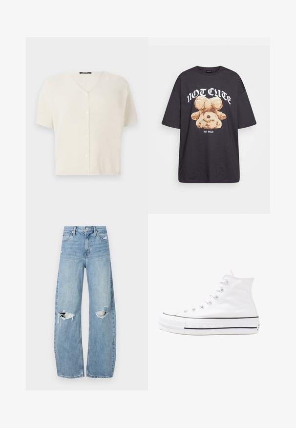 Kurze Ärmel, knöpfbare Strickjacke in Creme, mit V-Ausschnitt und strukturiertem, leichtem Strickstoff. Glatte Knöpfe vorne.; Schwarzes, übergroßes T-Shirt mit einem Grafikdruck eines Bären und dem Text "NICHT SÜß, SONDERN WILD" in fetter, weißer Schrift. Baumwollmaterial.; Helles, hochtailliertes Jeans aus Denim. Hat weit geschnittene Beine, zwei aufgerissene Kniebereiche und klassischen Fünf-Taschen-Stil.; Weiße hochwertige Leinensneaker mit schwarzer Gummisohle, vorderem Gummizehenschutz und sechs Ösen für Schnürsenkel, die ein sauberes, minimalistisches Design aufweisen.