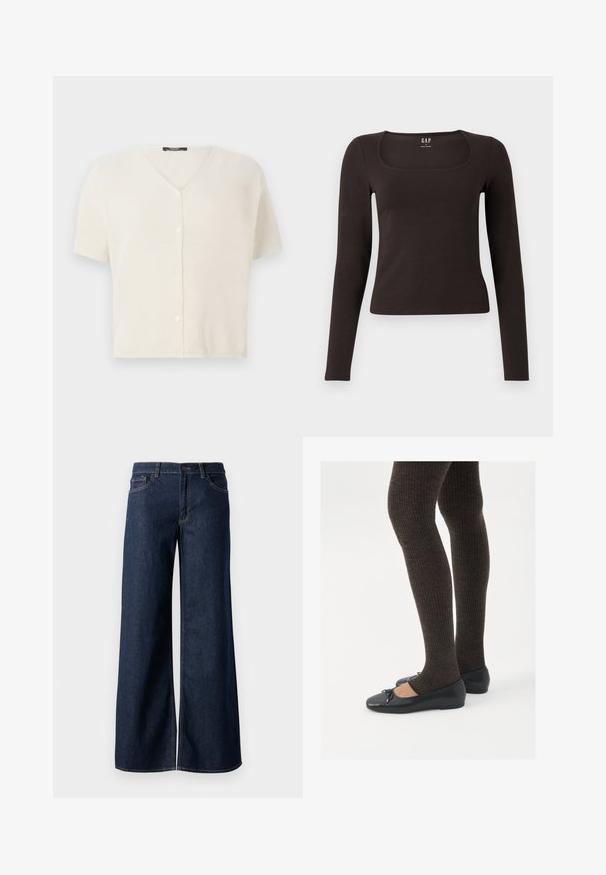 Short-sleeve, button-up cardigan in cream, featuring a V-neck and textured, lightweight knit fabric. Smooth buttons down the front.; Black long-sleeve, fitted top with a square neckline, labeled GAP, displayed on a white background.; Wide-leg jeans in dark blue denim. Features contrast stitching, five pockets, and a button closure at the waist. Smooth texture.; Black flat shoes with a small bow detail at the toe, paired with dark brown ribbed tights. Shoes have a smooth texture and low profile.