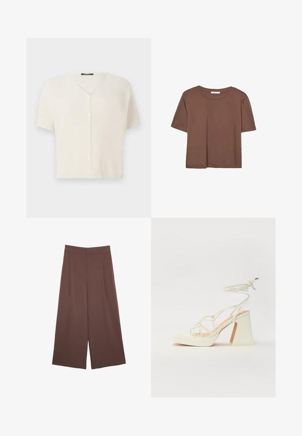 Krátký rukáv, propínací kardigan v krémové barvě, s V-výstřihem a texturovanou, lehkou pleteninou. Hladké knoflíky po přední straně.; Hnědé tričko s krátkým rukávem vyrobené z měkké látky, s kulatým výstřihem a volným střihem. Bez viditelných vzorů nebo dekorací.; Hnědé široké kalhoty s hladkou texturou, vysokým pasem a předními záhyby. Materiál je lehký a volně splývá.; Bílé sandály na vysokém podpatku s robustním podpatkem, s designem s pásky a zavazováním kolem kotníku. Hladký povrch s platformou vpředu pro zvýšení výšky.
