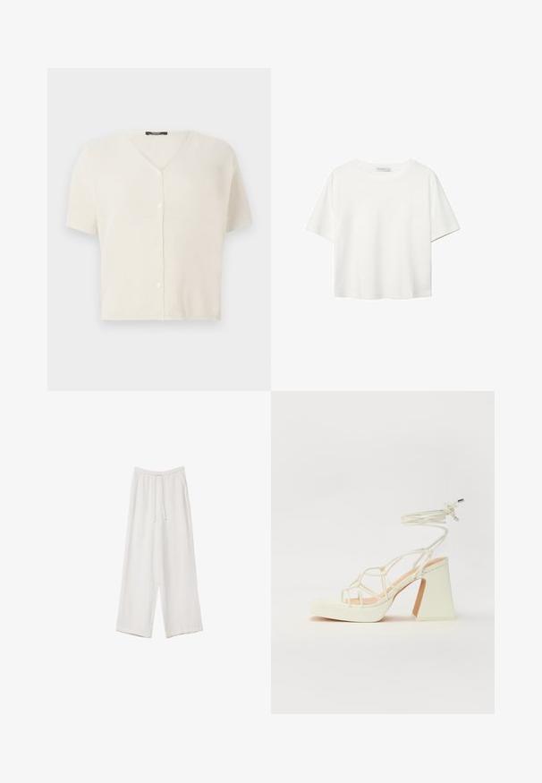 Kortærmet, knappet cardigan i creme, med V-hals og tekstureret, let strikket stof. Glatte knapper foran.; Hvid kortærmet t-shirt lavet af bomuld. Har en rund halsudskæring og en afslappet pasform. Glat tekstur uden synlige mønstre eller detaljer.; Hvide bukser med bred benlængde lavet af et letvægtsstof. Har et elastisk talje med snor og sidelommer. Glat tekstur.; Hvide højhælede sandaler med en kraftig hæl, der har et stropdesign og ankelbinding. Glat tekstur med en platform foran for ekstra højde.
