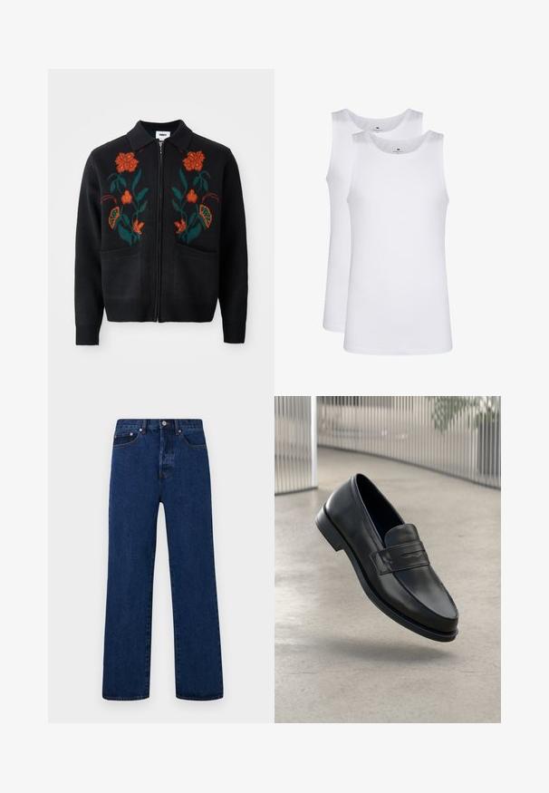 Black cardigan with zip front, collar, floral embroidery in orange and green, ribbed cuffs and hem, and two front pockets.; White cotton tank tops, sleeveless design, round neck, plain texture, featuring a soft, lightweight fabric. Two pieces displayed.; Dark blue denim jeans with a straight leg cut, featuring orange stitching, a button fly, and two front pockets with contrasting rivets.; Black leather loafer with smooth texture, pointed toe, and a decorative strap across the instep. Lightweight sole, minimal design.